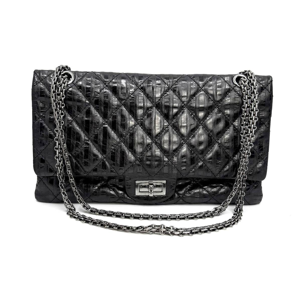 Chanel 2.55 Reissue 227 Jumbo Flap Bag Black Metallic Striped