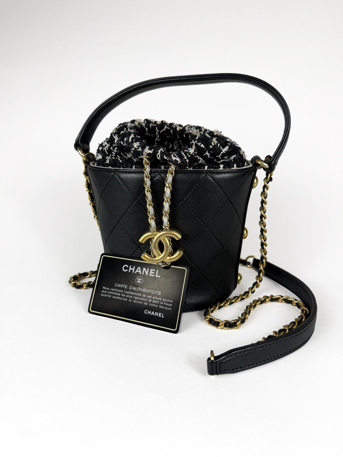 Chanel Small CC Drawstring Bucket Bag Black Calfskin and Tweed