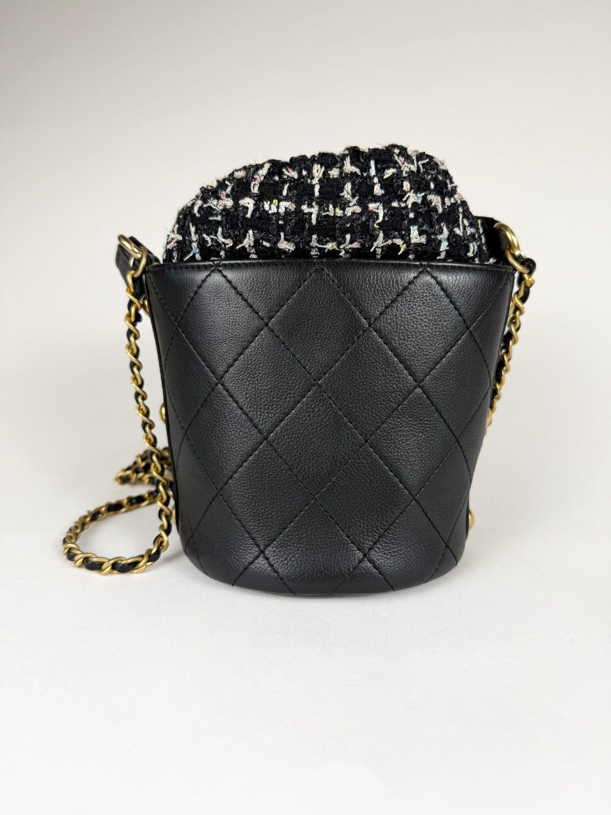 Chanel Small CC Drawstring Bucket Bag Black Calfskin and Tweed