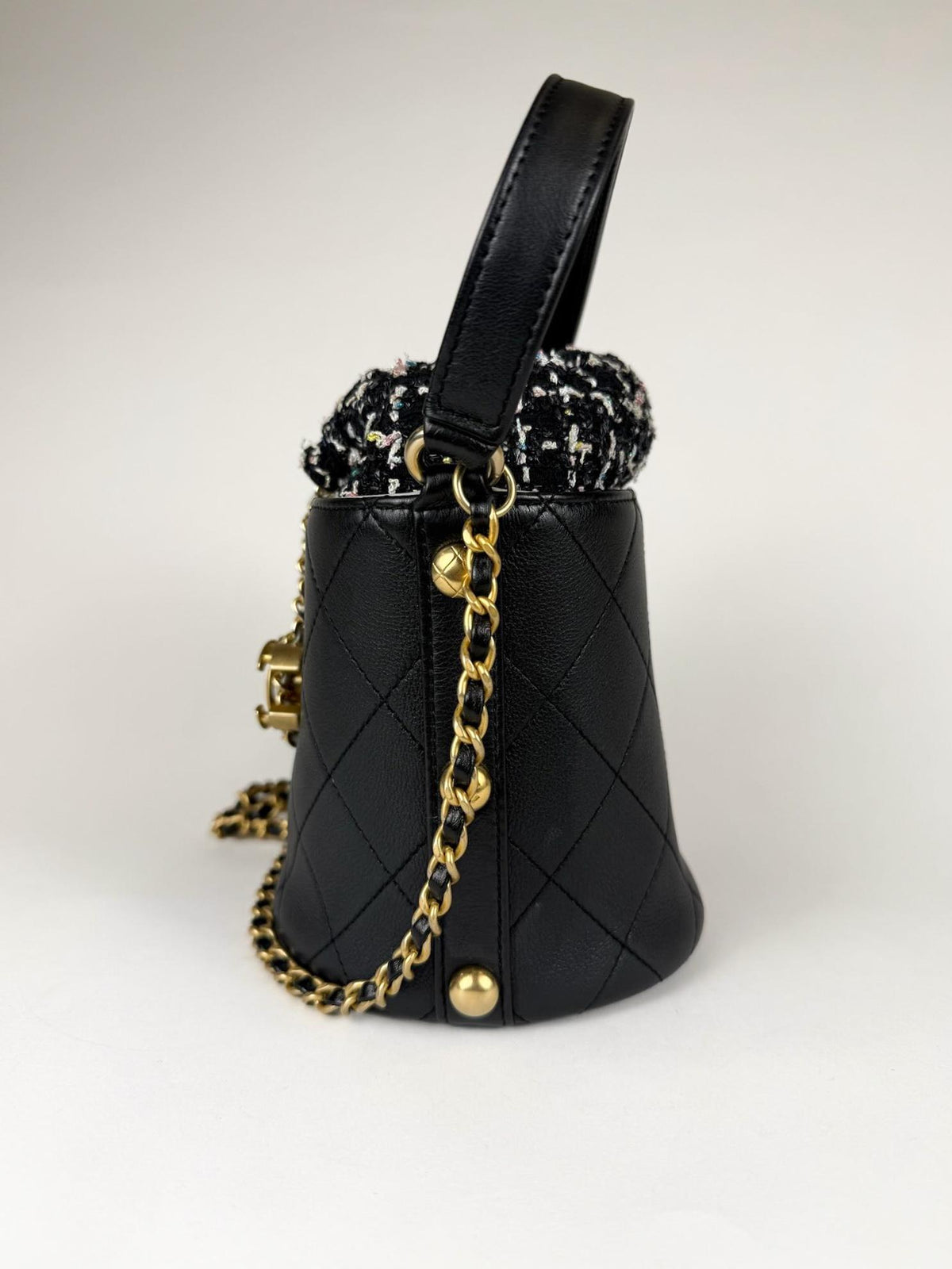 Chanel Small CC Drawstring Bucket Bag Black Calfskin and Tweed