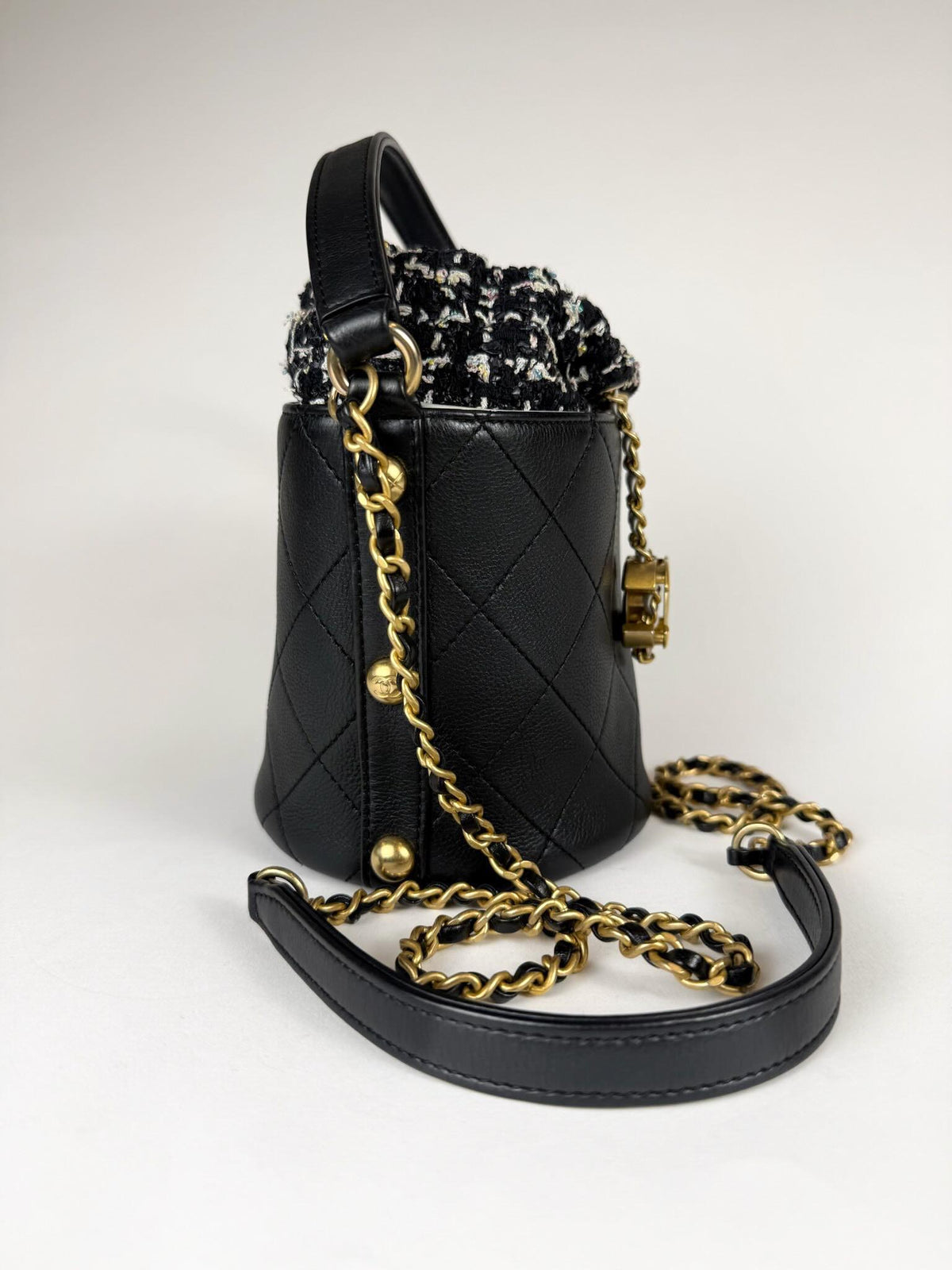 Chanel Small CC Drawstring Bucket Bag Black Calfskin and Tweed