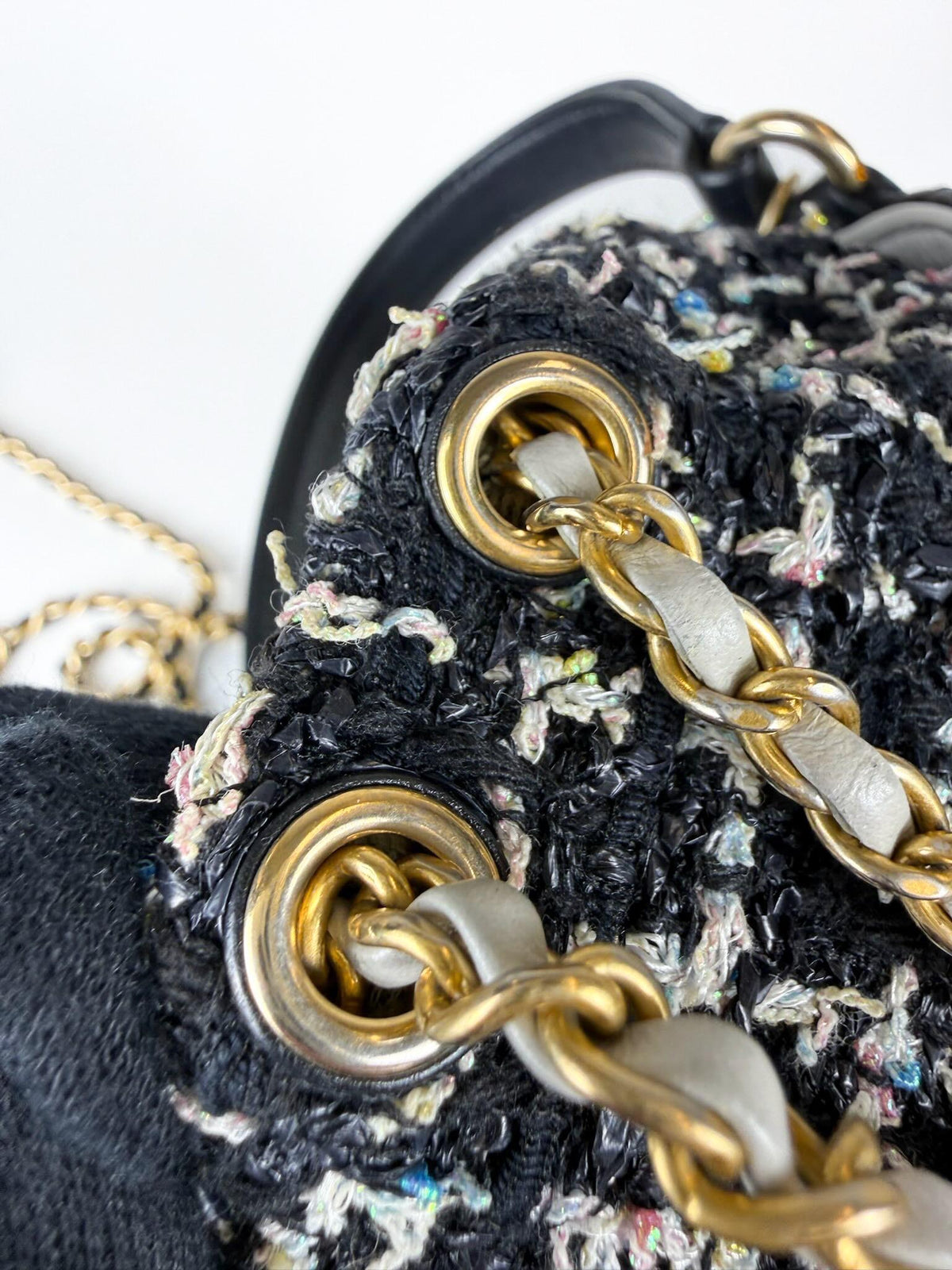 Chanel Small CC Drawstring Bucket Bag Black Calfskin and Tweed